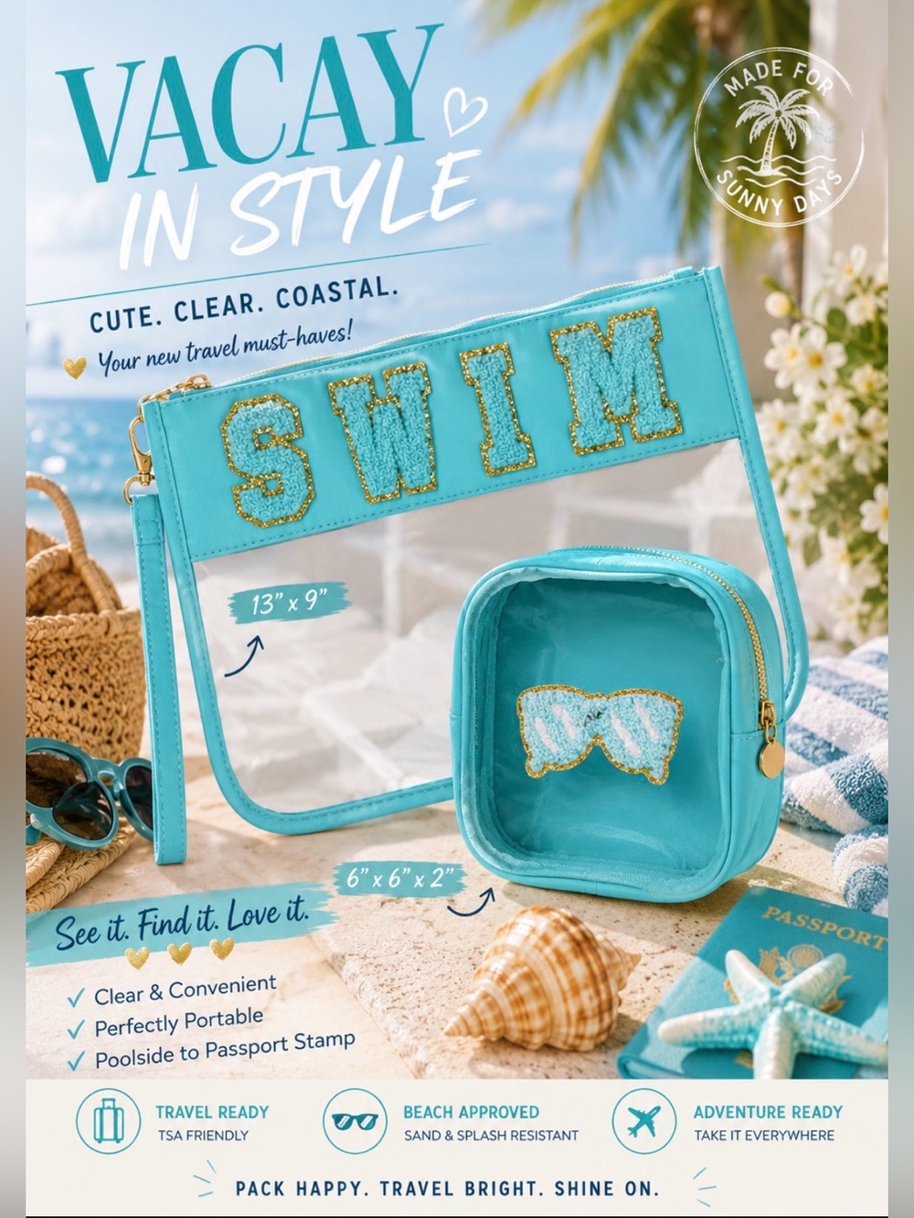 New Turquoise 'SWIM' Clear Wristlet & Pouch TSA travel bag set